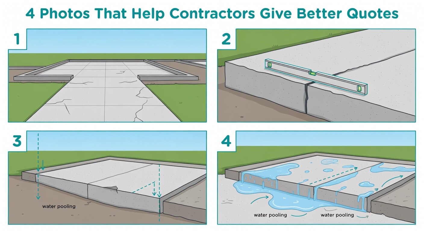 Four-panel guide showing the exact photos to take for a concrete leveling quote: wide overview, close-up of edge with scale, measurement of drop, and drainage/water flow.